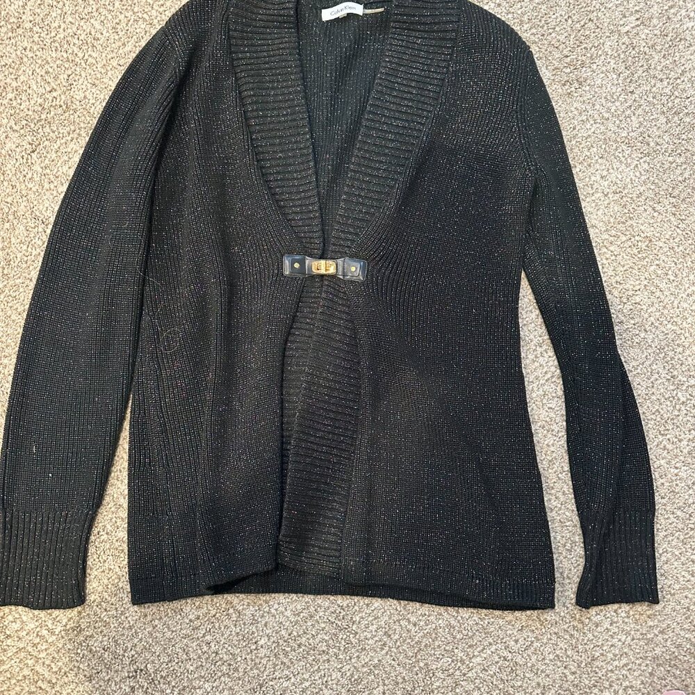 Black Calvin Klein cardigan with gold accents